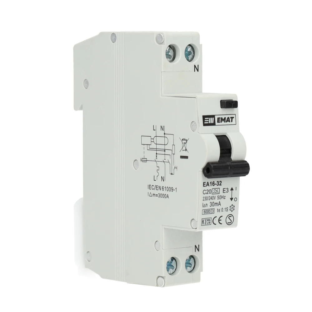 EMAT aardlekautomaat 1-polig+nul 20A C-kar 30mA (85006007) main product photo